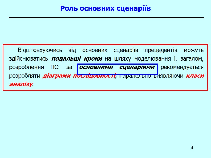 4 Роль основних сценаріїв  Відштовхуючись від основних сценаріїв прецедентів можуть здійснюватись подальші кроки